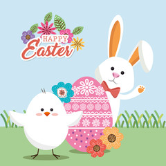 little chick and rabbit easter card vector illustration design
