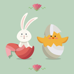 Obraz na płótnie Canvas little chick and rabbit easter card vector illustration design