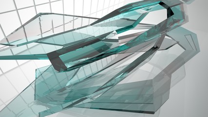 Abstract white and colored gradient glasses interior multilevel public space with window. 3D illustration and rendering.