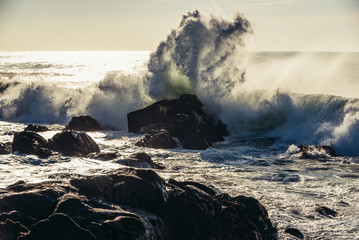 Fototapeta na wymiar Big waves on Atlantic Ocean seen from beach in Porto, Portugal
