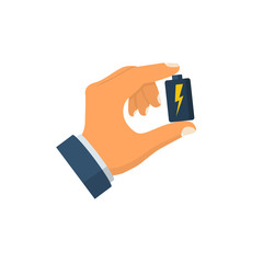 Man holds battery in hand. Vector illustration flat design. Isolated on white background. Battery clouseup.