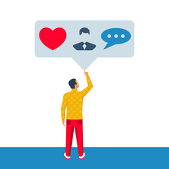 Social media bubble. Young man in a social network. Friends likes and comments. Vector illustration flat design. Isolated on white background. Microblogging concept. Lifestyle modern.