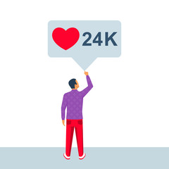 Social media bubble. Young man in a social network. Friends likes and comments. Vector illustration flat design. Isolated on white background. Microblogging concept. Lifestyle modern.