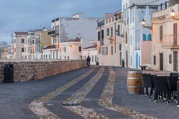  Maritime promenade,walls and sea view in Bastioni Marco Polo in the mediterranean city of Alghero,Sardinia, Italy.