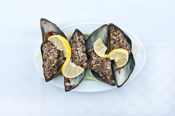 Stuffed mussels in Turkish tavern