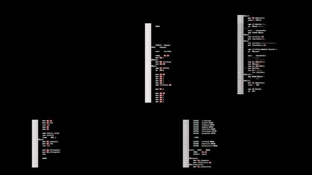 A source code scrolling animation (assembler instructions). Overlay it on your footage for a retro futuristic sci-fi Terminator vision fx.
