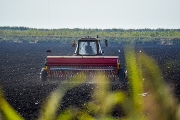 Fototapeta premium Tractor. Agricultural machinery tractor. Tractor with a seeder in the field. sowing seeds in the soil.