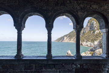 Ancient arches and mediterranean view in Porto Venere,Italy.