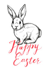 Easter rabbit with lettering Happy Easter, watercolor illustration