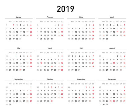 Kalendervorlage 2019, einfach, Querformat, Feiertage Deutschland