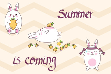 Greeting card. Sport motivation. Cute cartoon characters - bunny. Summer is coming. Vector illustration