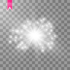 Glow light effect. Starburst with sparkles on transparent background. Vector illustration.