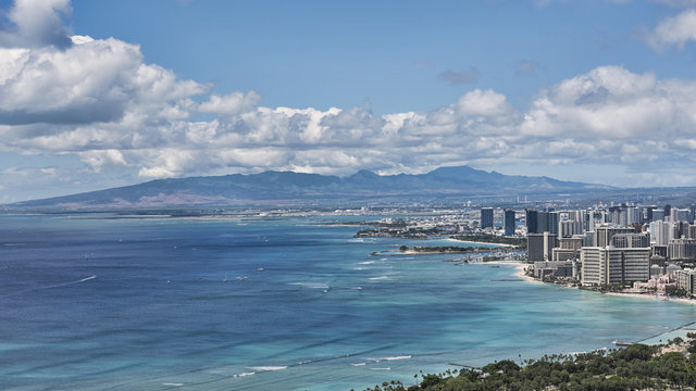 Panoramic vistas from Diamond Head view point towards Waikiki Beach, Honolulu, Oahu Island, Hawaii, USA