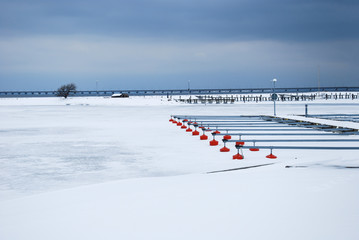Ice covered small boat harbor