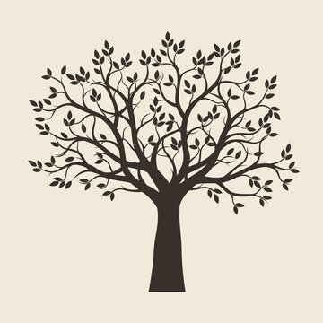 Black Tree with Leaves. Vector Illustration.