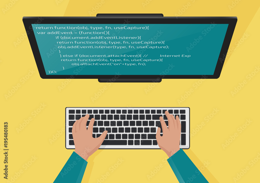 Aufkleber Programming, web development concept. Programmers hands on the keyboard. Code on the screen monitor. Flat vector illustration.