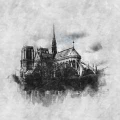 Hand drawn monochrome sketch of Notre Dame, Paris