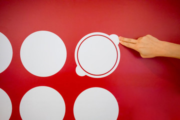Woman using hands with dot graphic on red wall. Business info graphic interface design.