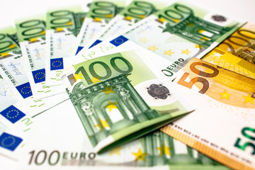 Euro banknotes close up. Several hundred euro banknotes