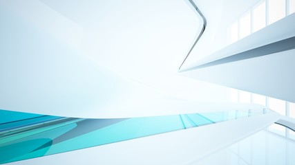 Abstract white and colored gradient glasses interior multilevel public space with window. 3D illustration and rendering.