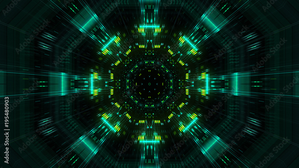 Poster abstract futuristic sci fi warp tunnel with particle grid. graphic for data center, server, internet