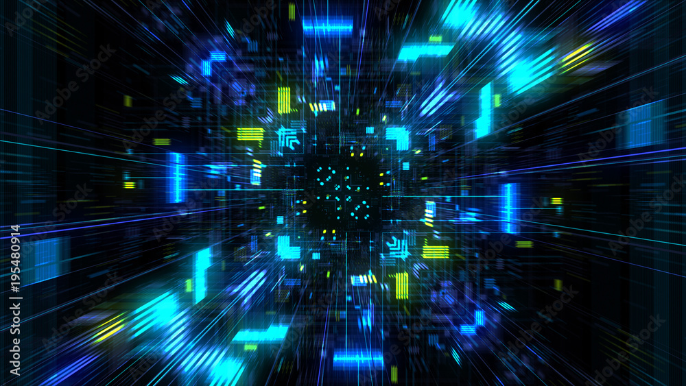 Poster abstract futuristic sci fi warp tunnel with particle grid. graphic for data center, server, internet