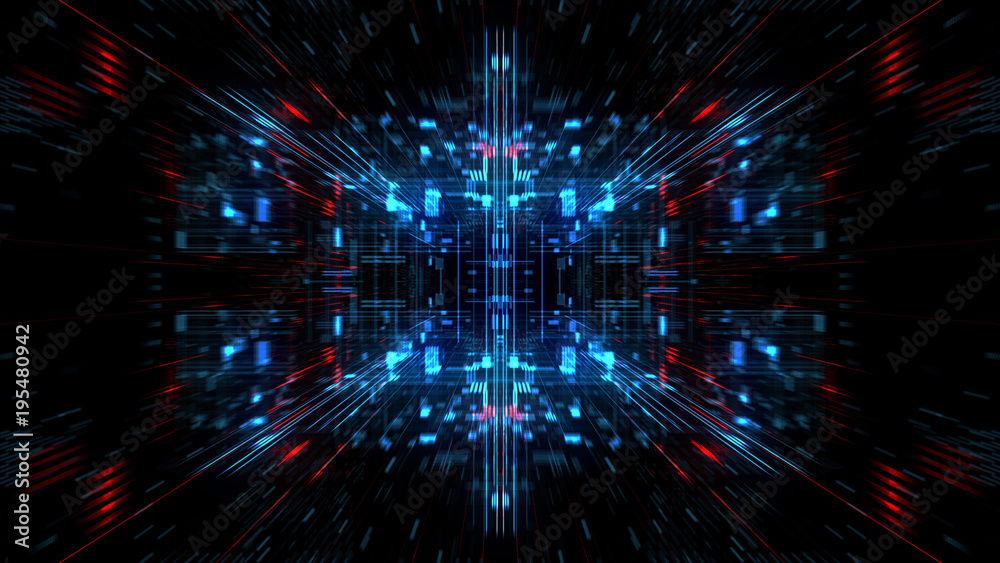 Poster abstract futuristic sci fi warp tunnel with particle grid. graphic for data center, server, internet