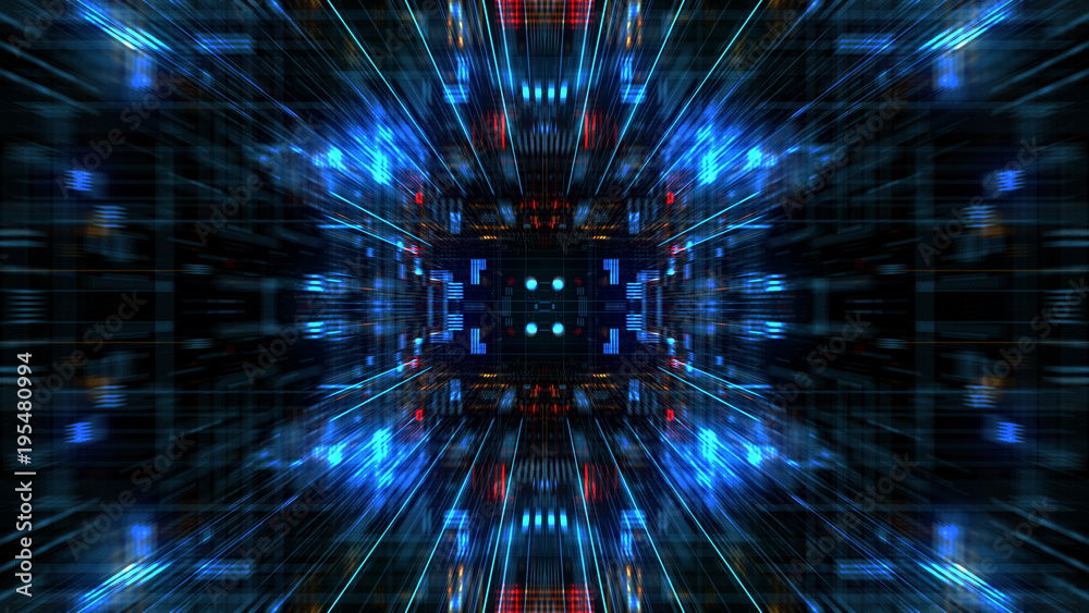 Poster abstract futuristic sci fi warp tunnel with particle grid. graphic for data center, server, internet