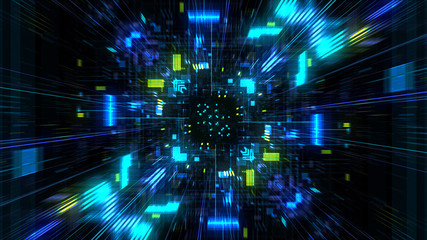 Obraz premium Abstrakcjonistyczny futurystyczny sci fi osnowy tunel z cząsteczki siatką. Grafika dla centrum danych, serwera, Internetu, prędkości. Futurystyczna wizualizacja dużych danych, hi tech background. Renderowanie 3D.
