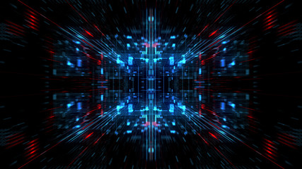 Abstract futuristic sci fi warp tunnel with particle grid. Graphic for data center, server, internet, speed. Futuristic big data visualisation, hi tech background. 3D rendering.