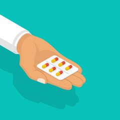 Taking the pills. Doctor holds in hands blister capsule. Illustration isometric design. Take painkillers tablets. Medical treatment concept. Healthcare. Medical drugs.