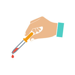 Pipette in hand doctor, icon. Flat design illustration. Hand holding a pipette with a falling drop of liquid.