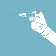 Syringe in doctor hand. Flat design. Illustration for web and mobile app. Medical background.