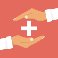 Medical cross in hands. Illustration flat design. Doctor hands holding a cross, symbol of protection of health, concept. Isolated on red background.