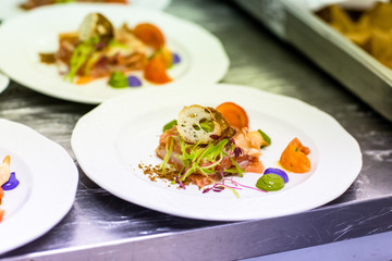 High cuisine. Many plates of appetizers for a Banquet