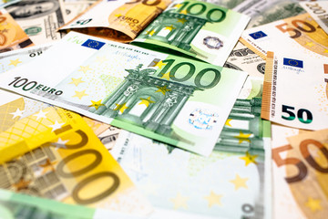Euro banknotes close up. Several hundred 