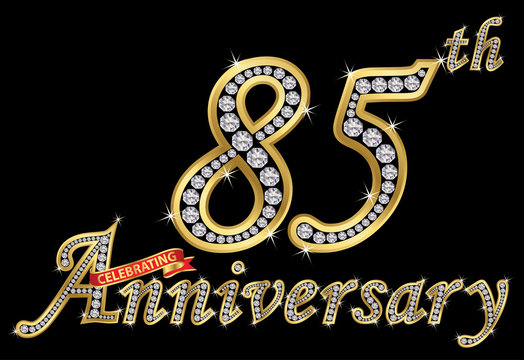 Celebrating  85th anniversary golden sign with diamonds, vector illustration