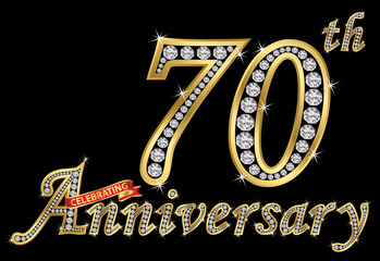 Celebrating  70th anniversary golden sign with diamonds, vector illustration