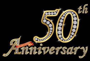 Celebrating  50th anniversary golden sign with diamonds, vector illustration