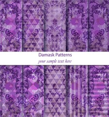Damask patterns set collection Vector. Baroque ornament on modern abstract background. Vintage decor. Ultra violet color fabric textures