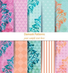 Damask patterns set collection Vector. Baroque ornament on modern abstract background. Vintage decor. Trendy color fabric textures
