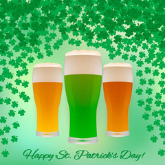 Beer glasses on  green background  with falling shamrocks confetti. Happy St. Patricks Day  greeting  card. Traditional irish vector illustration. Easy to edit design template.