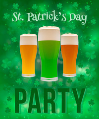 St. Patrick's Day party banner with clover shamrock and beer glasses on a bright green background. Traditional irish vector illustration. Easy to vector design template.