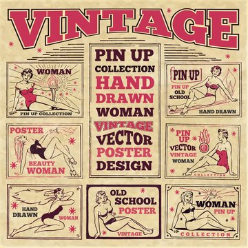 Vintage pin up girls hand drawn poster designs