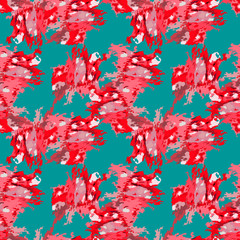 Vector seamless blue camo pattern. Modern stylish texture as urban UFO camouflage. Repeating endless abstract background with red, pink elements. Usable as print, backdrop or stylish camoflage