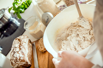 Close-up on a bowl of homemade bread's dough
