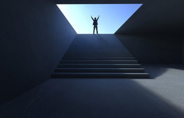 Success businessman cheering on concrete stair. - obrazy, fototapety, plakaty