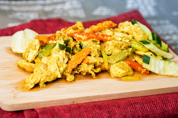 wok fried chicken stir fry with sweet peppers and chinese vegetables