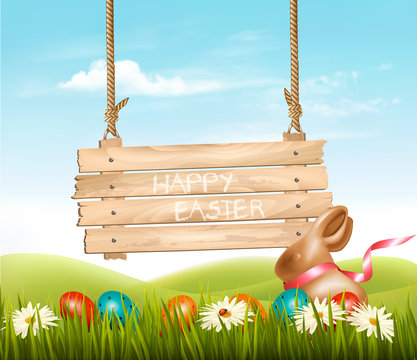 Happy Easter background. Colorful eggs chocolate rabbit. Vector.