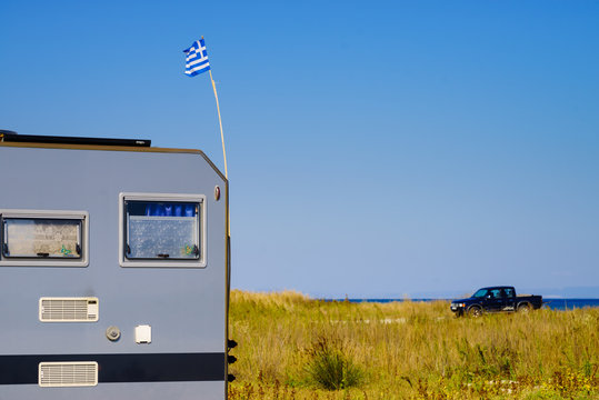 Camping truck with Greek flag